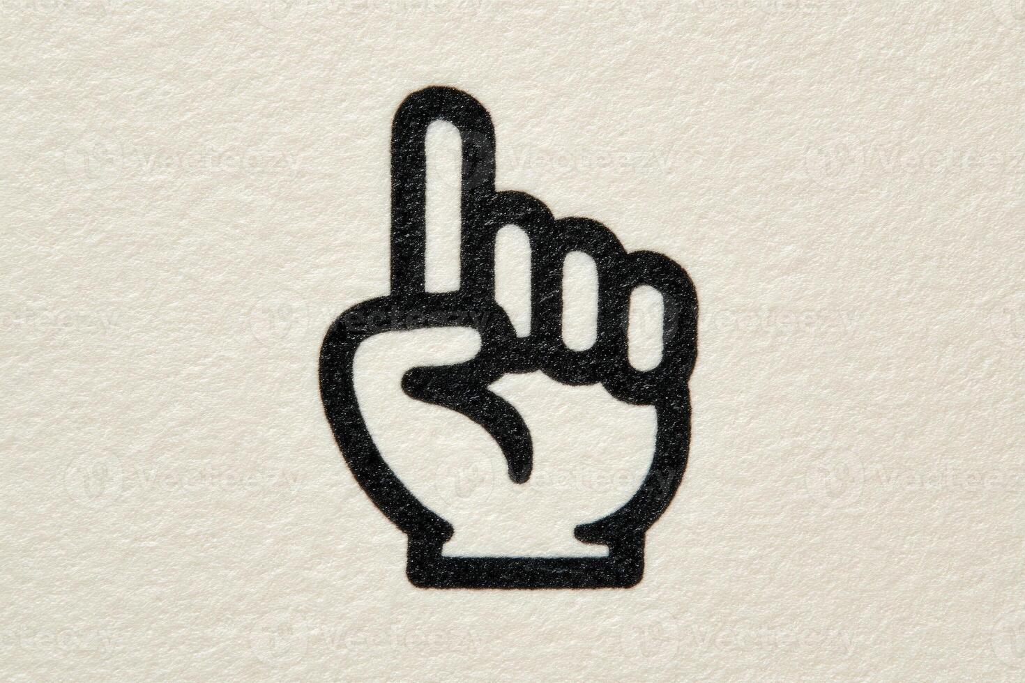 A hand with one finger raised, conveying a gesture of asking for attention or indicating that someone has something important to say. The simple design emphasizes clarity. photo