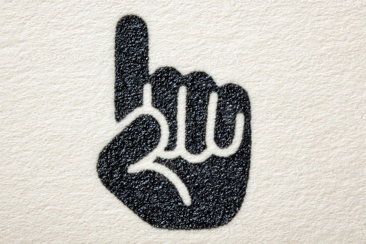 A hand is depicted with one finger raised, indicating silence or a warning gesture. The design features a textured background that enhances the visual appeal. photo