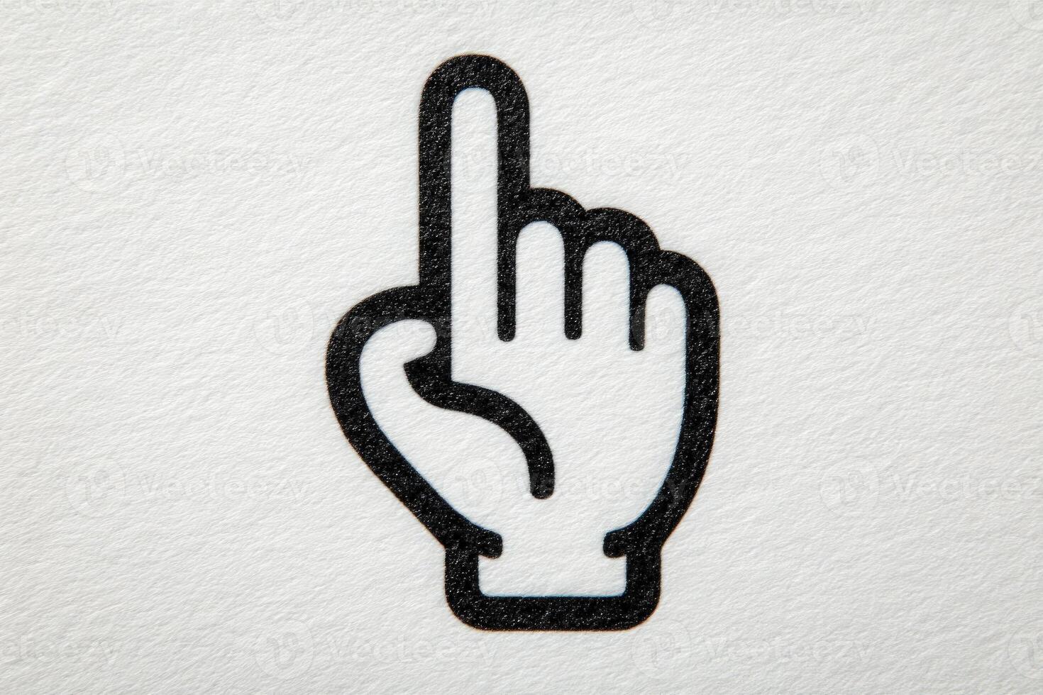 A graphic shows a hand with one finger raised, symbolizing an important point or request for attention. This design is simple and emphasizes clarity in communication. photo