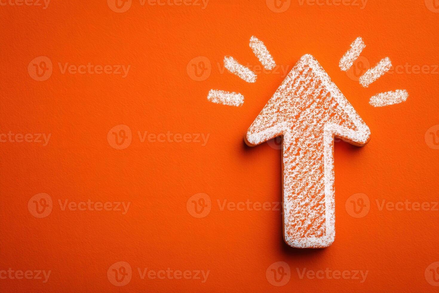 A textured upward arrow stands out against a bright orange background. The arrow is depicted in a chalk-like style and emphasizes a sense of direction and progress within a simplified design. photo