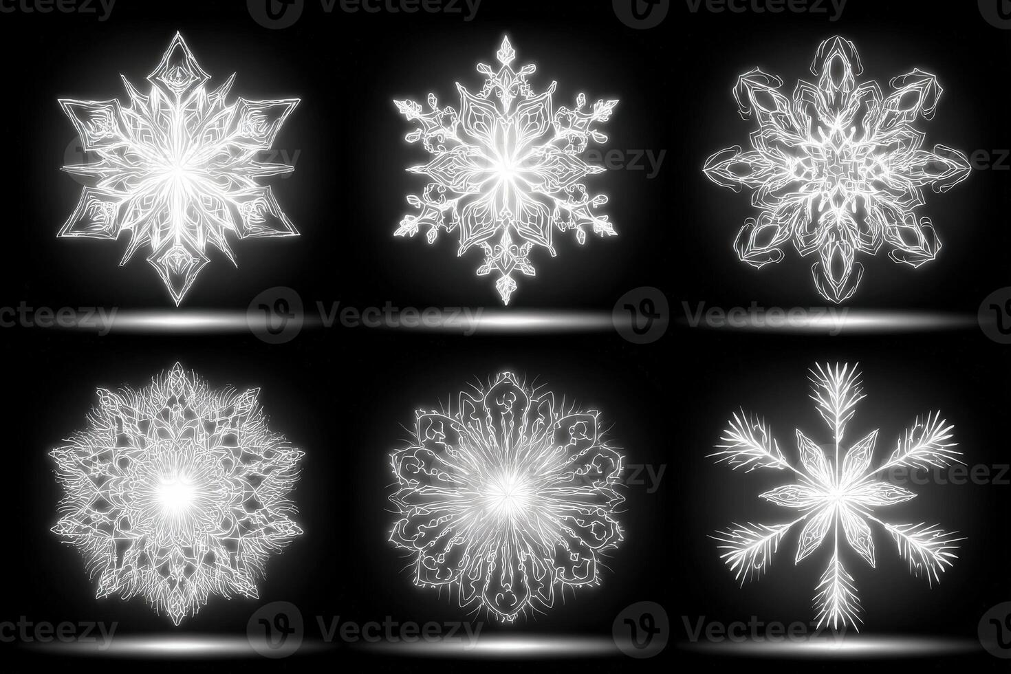 Delicate snowflake patterns are showcased in a series of six unique designs, glowing against a black backdrop. Each snowflake features intricate details, highlighting the beauty of winter. photo