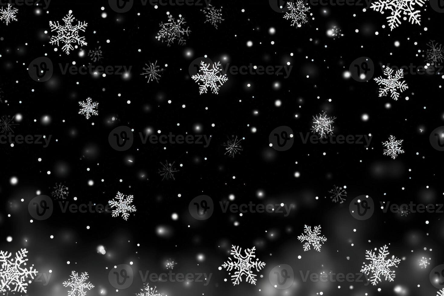 A flurry of delicate white snowflakes cascades against a dark backdrop, creating a tranquil winter vibe. The random patterns evoke a peaceful, snowy day. photo