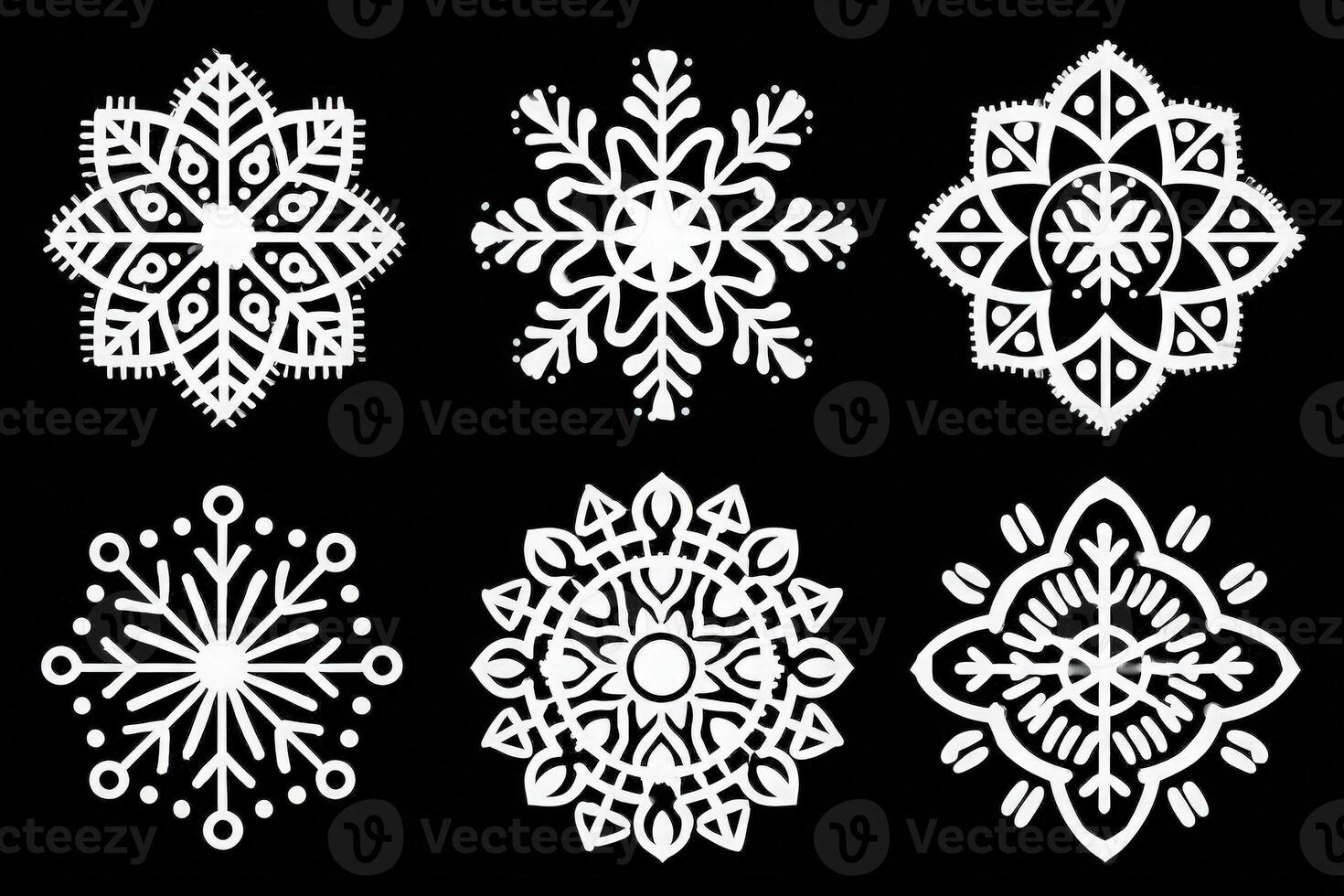 Six unique snowflake designs are arranged on a black background. Each snowflake features intricate patterns with detailed shapes and stylized elements. photo