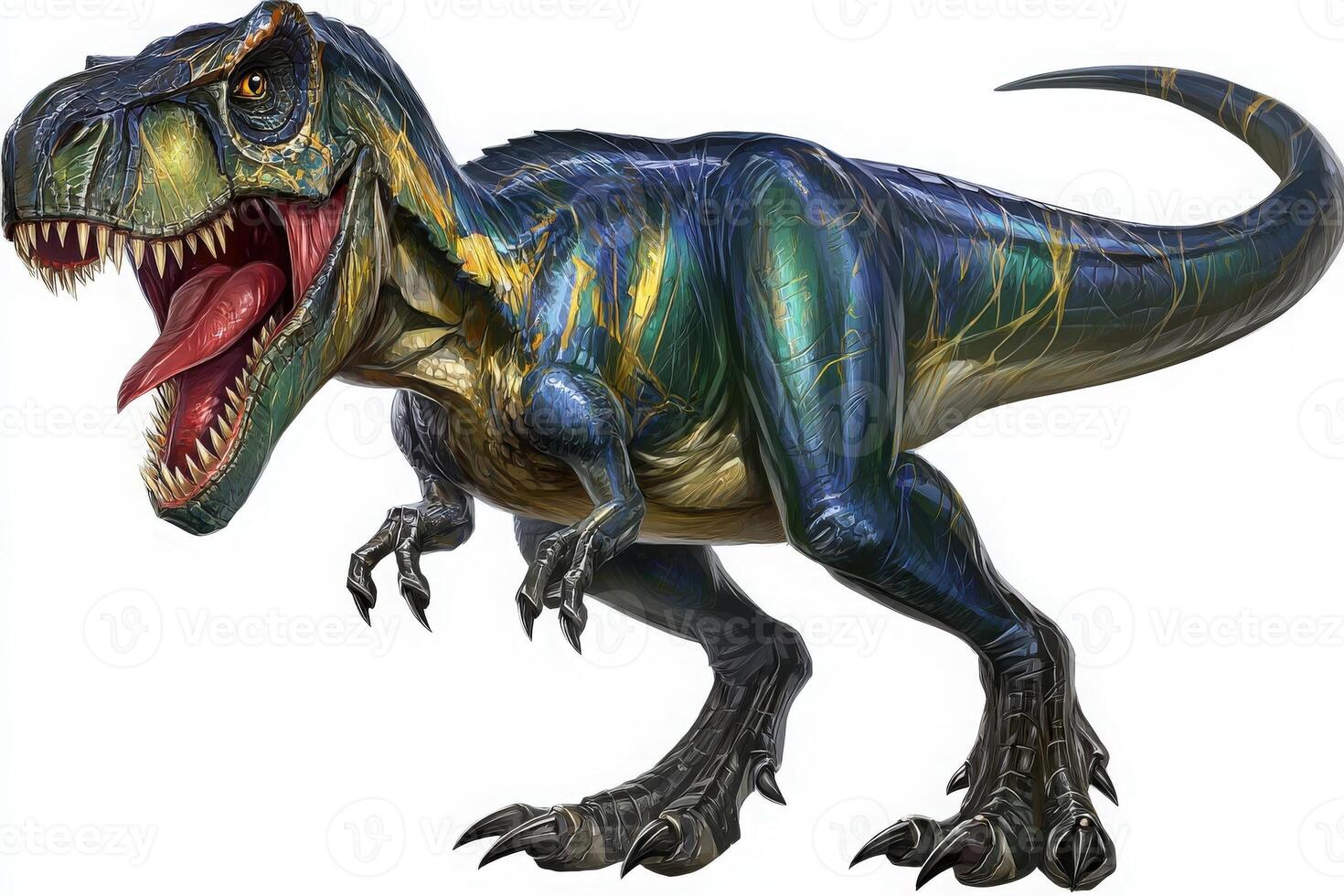 A large dinosaur stands proud, showcasing its vibrant blue and green scales. The creatures mouth is open wide, revealing sharp teeth, while it displays powerful limbs and a long tail. photo