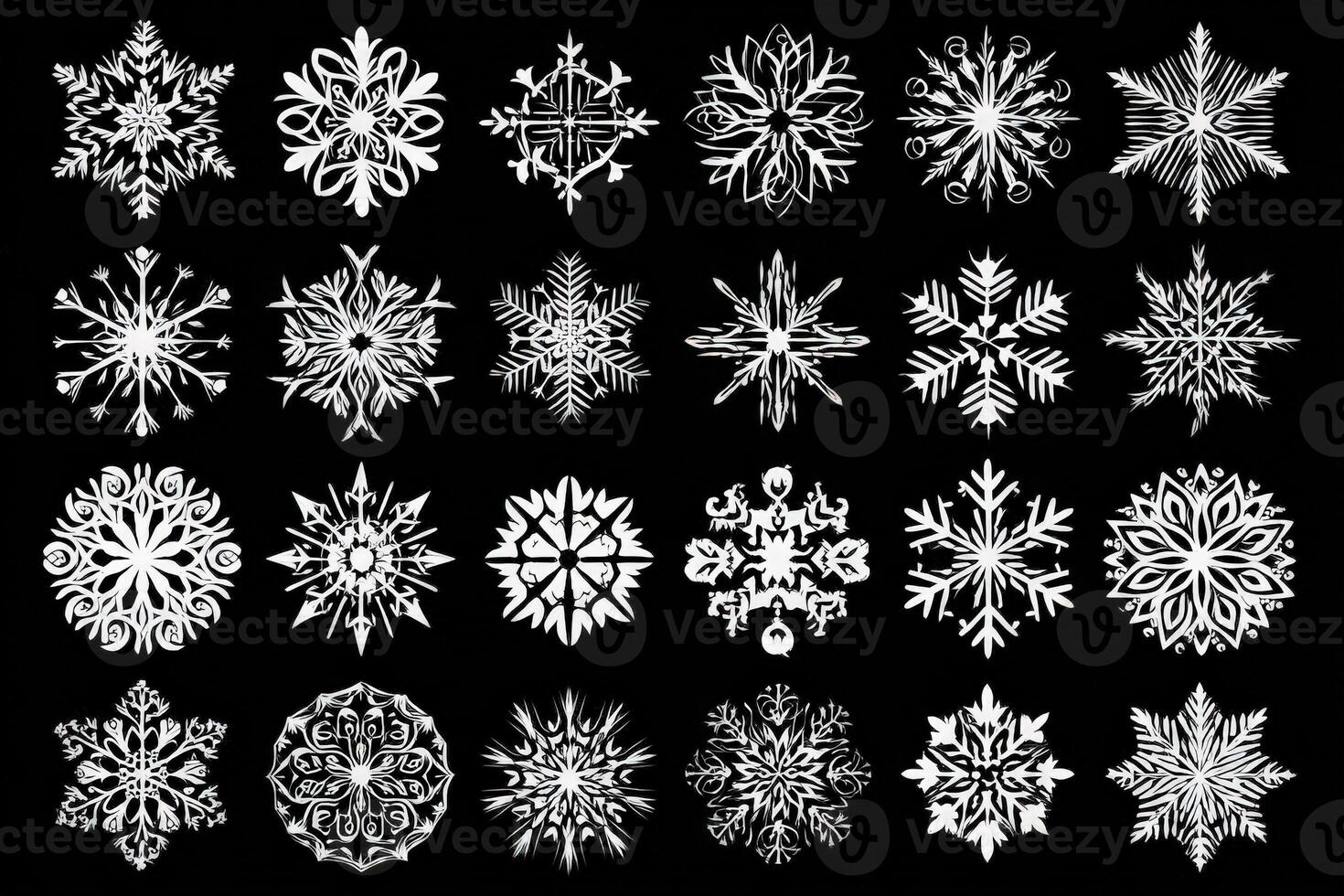Various unique snowflake shapes are displayed against a dark background, highlighting their intricate patterns and forms. Each snowflake captures the essence of winters delicate artistry. photo
