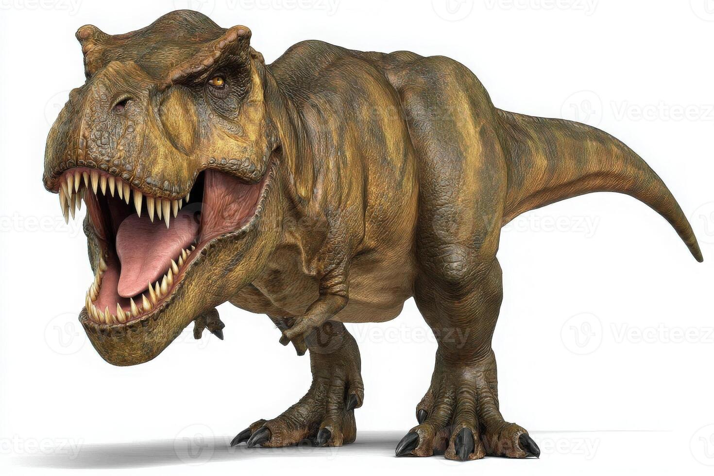 A detailed, lifelike representation of a Tyrannosaurus rex stands prominently with its mouth open, showcasing sharp teeth. photo