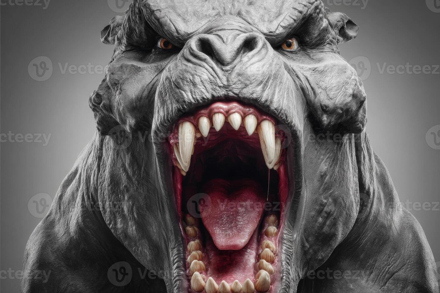 A massive, menacing creature with sharp teeth and fierce eyes demonstrates its power by roaring loudly, showcasing an intimidating presence against a neutral background. photo