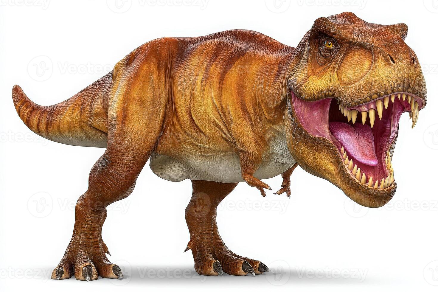 A detailed representation of a Tyrannosaurus rex, showcasing its fierce expression and powerful stance. The dinosaur displays vivid colors, emphasizing its muscular build and sharp teeth. photo