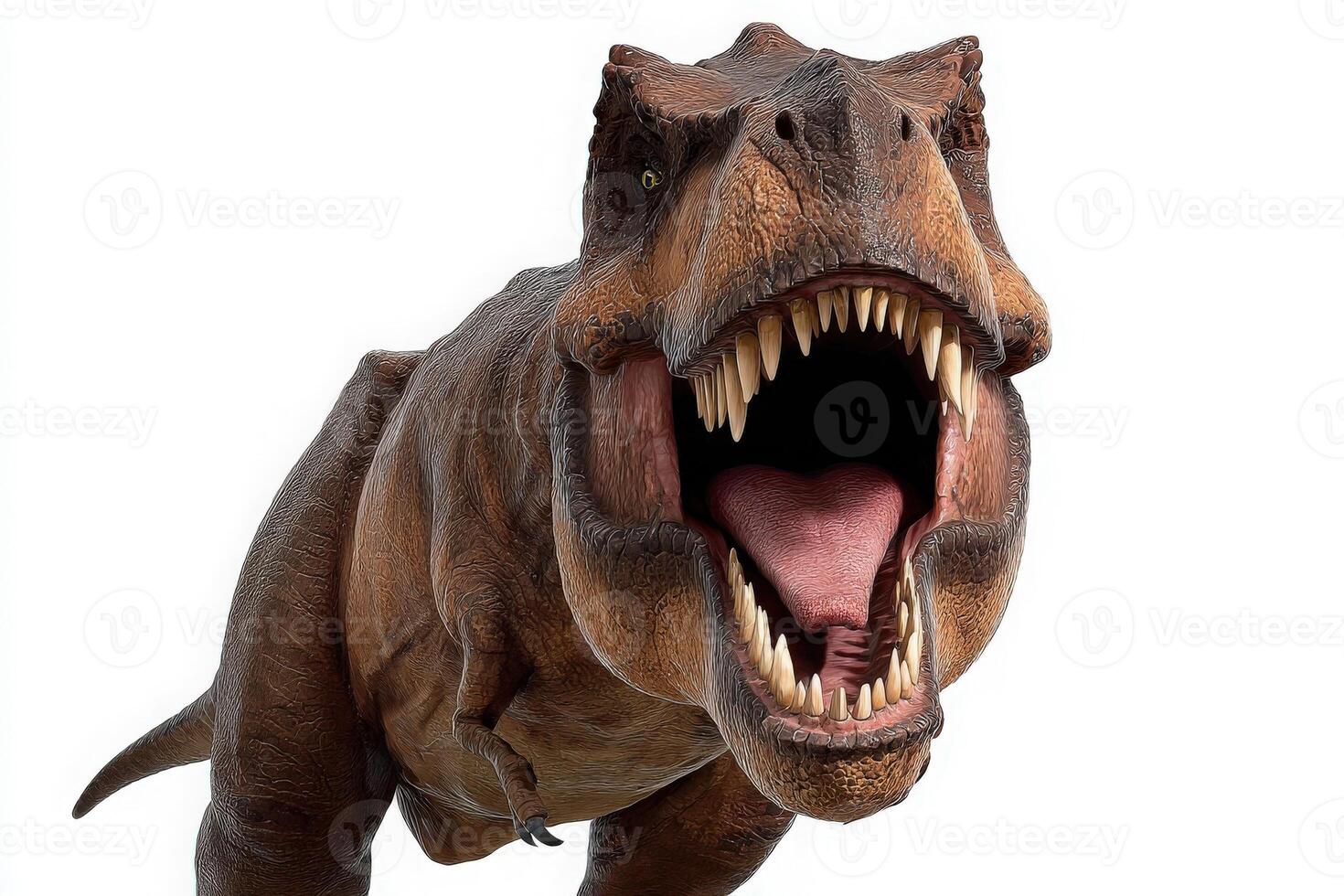 A large dinosaur, resembling a T-Rex, displays an open mouth filled with sharp teeth. The detailed texture of its skin creates a lifelike appearance against a plain background. photo