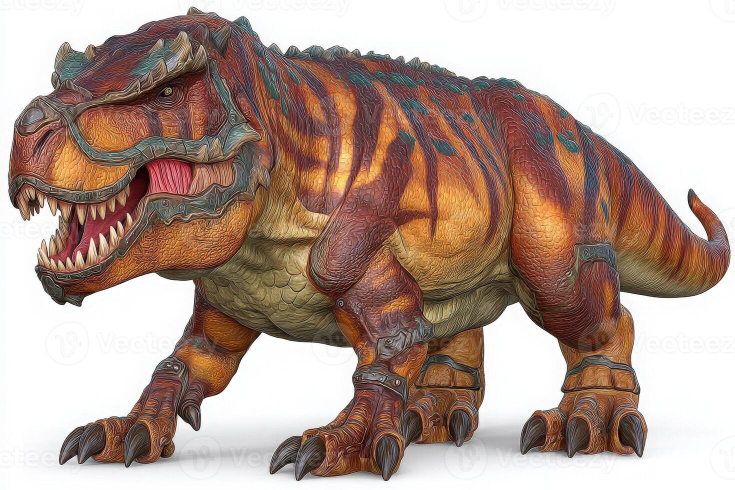 A highly detailed dinosaur model stands upright, showcasing vibrant colors and intricate textures. photo