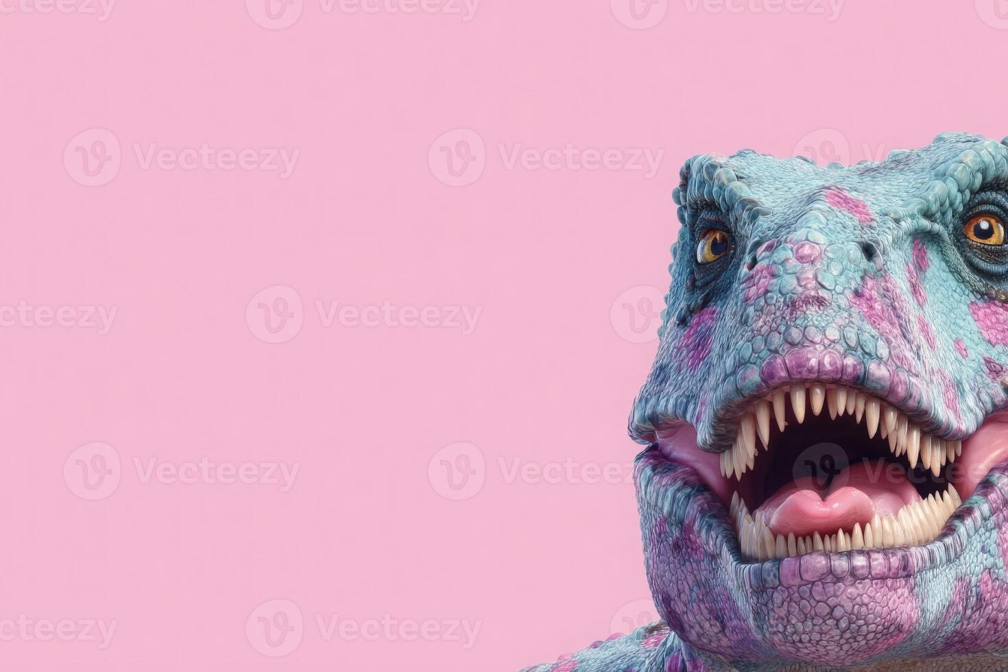 Dinosaur with open mouth showing its tongue and teeth. The dinosaur is light blue with pink spots and brown eyes, against a plain pink background. photo