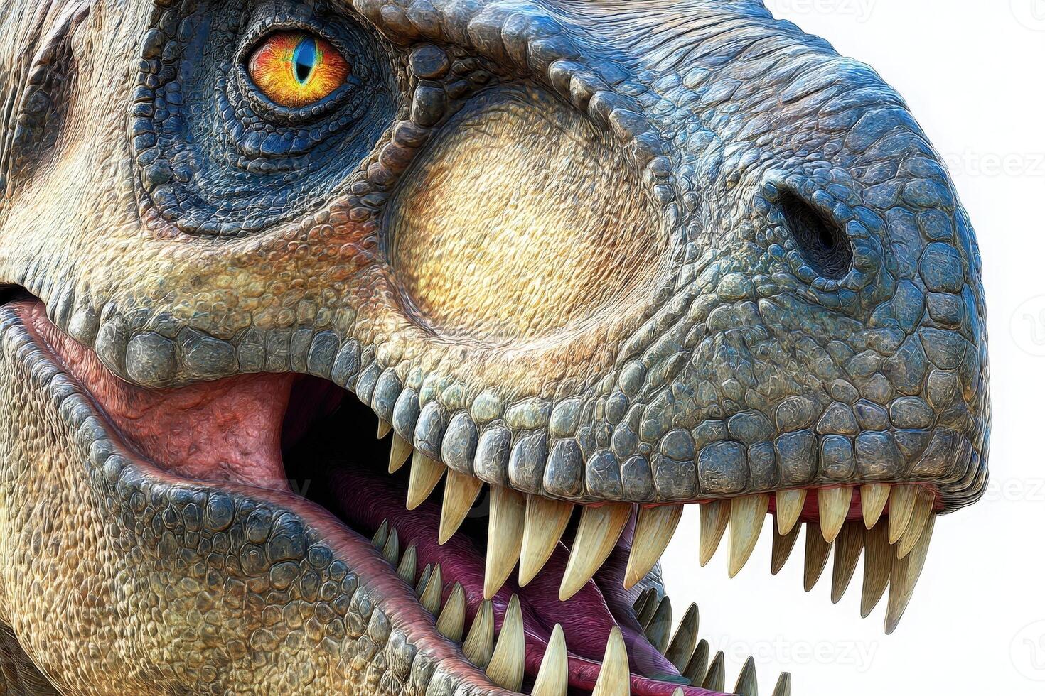 A highly detailed illustration of a Tyrannosaurus rex, featuring sharp teeth and vibrant eyes. photo