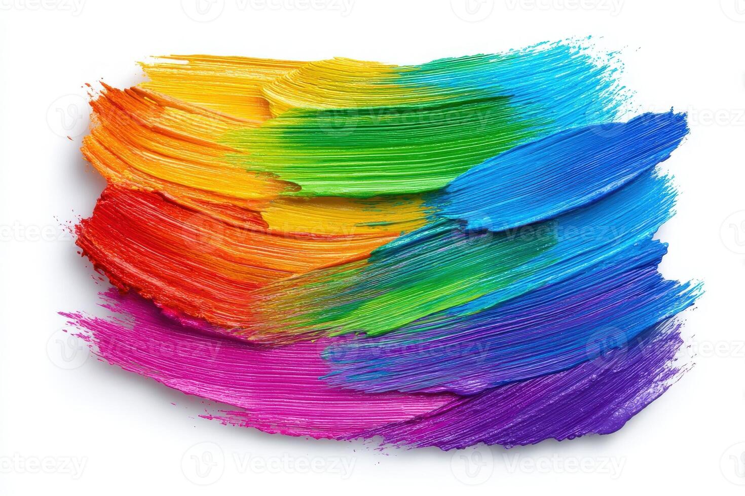 Vivid streaks of paint in rainbow colors swirl together on a white backdrop, showcasing an artistic display of creativity. This vibrant arrangement captures the essence of color blending and design. photo