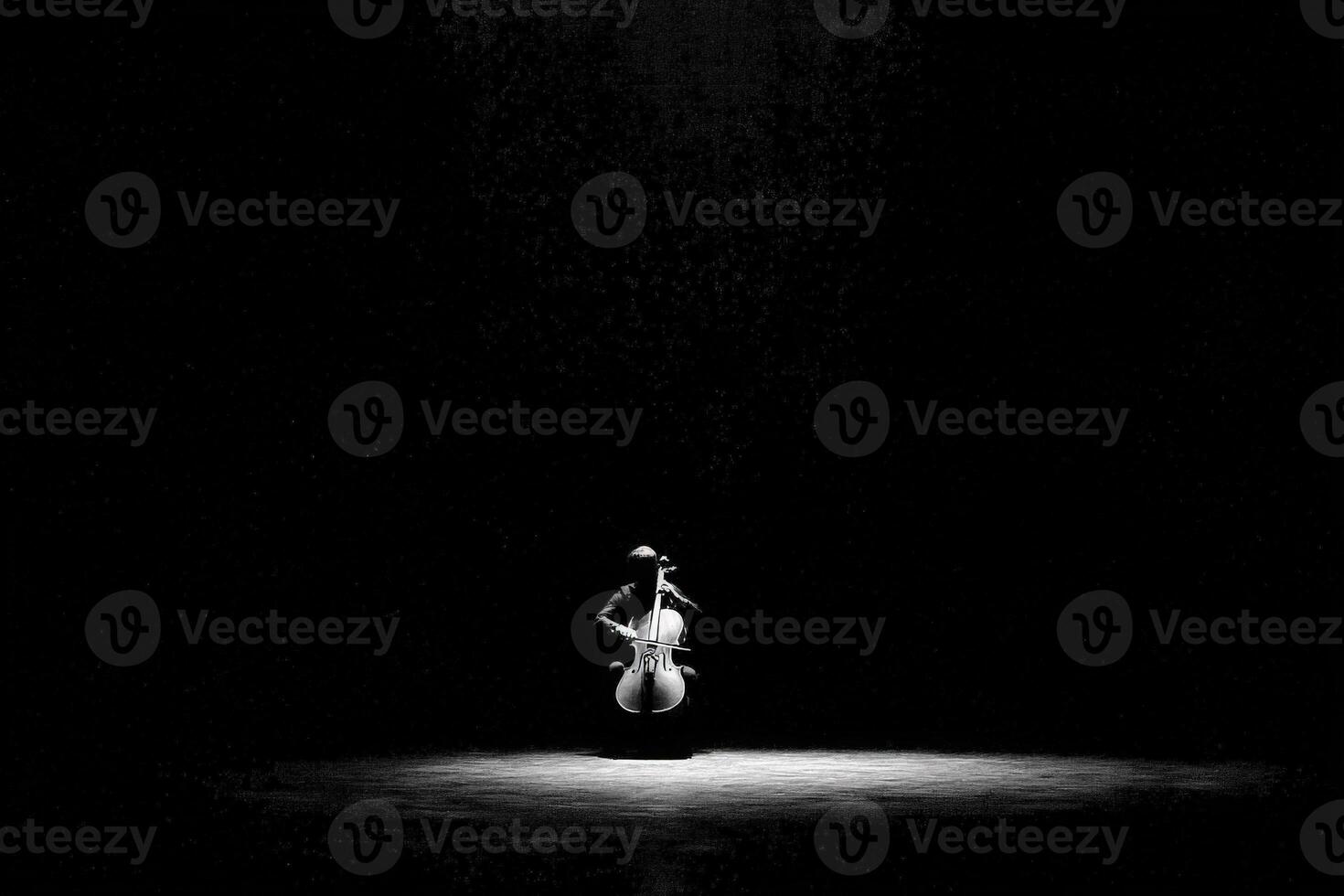 A cellist stands in the center of a dimly lit stage, surrounded by darkness. A single spotlight shines on the musician and the cello, creating a dramatic contrast. photo