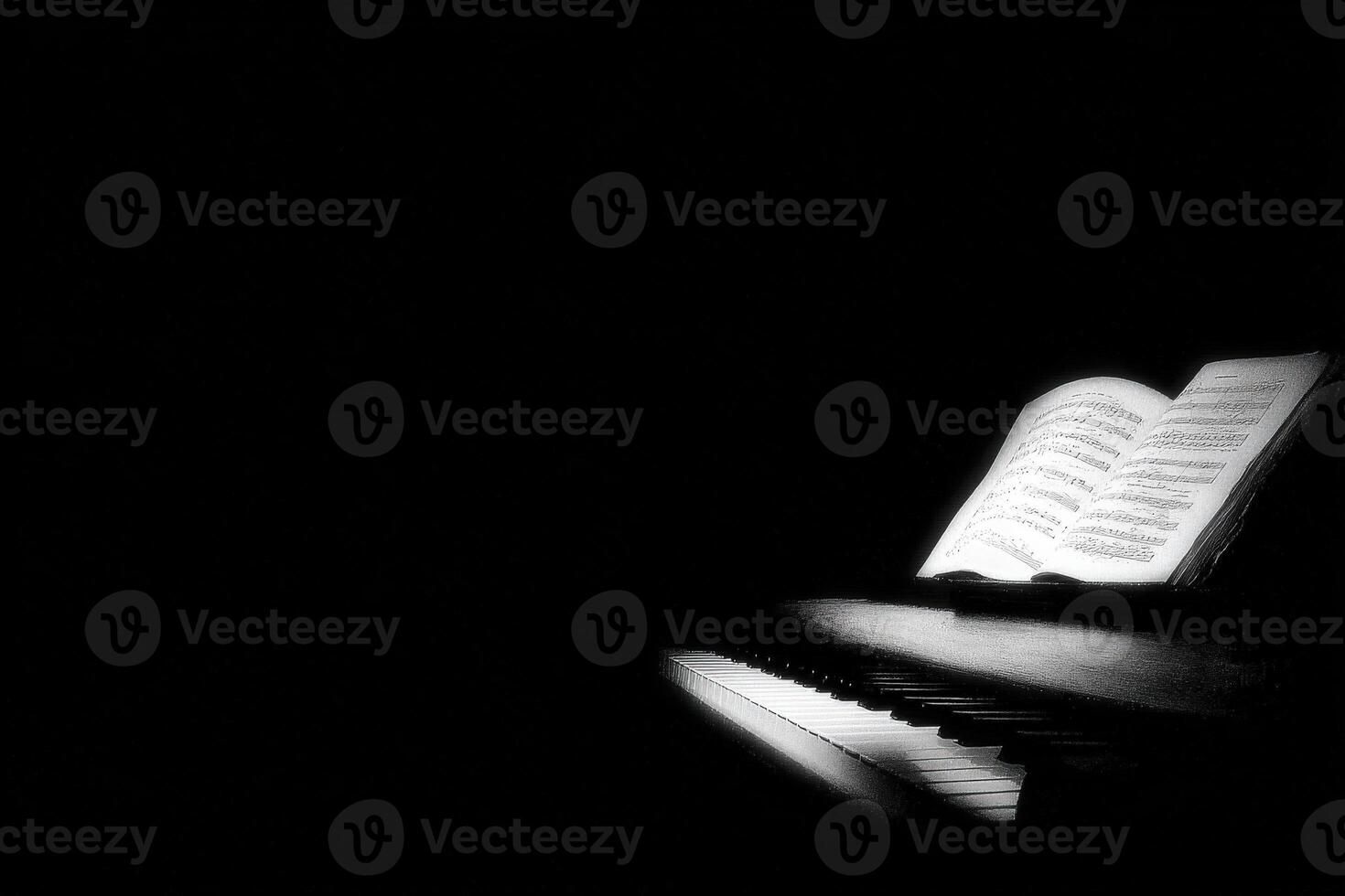 A piano sits in darkness, with only the sheet music glowing softly. The setting creates a serene atmosphere perfect for nighttime music practice or contemplation. photo