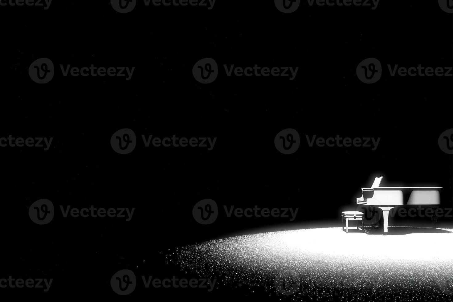 A grand piano and a matching stool sit under a spotlight in an otherwise dark room. The atmosphere suggests a moment of anticipation or reflection during a musical event. photo