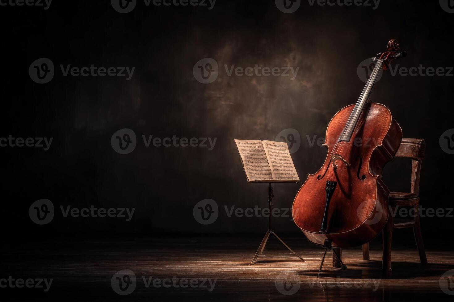 A beautifully crafted wooden cello stands next to a simple chair, with sheet music displayed on a stand. The warm, low light creates a serene and intimate setting for music practice. photo