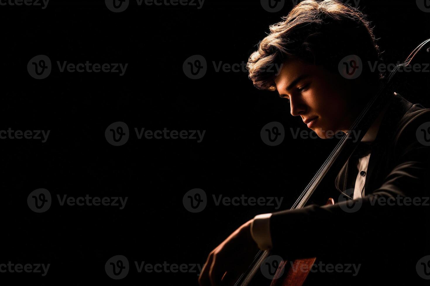 A talented young cellist is deeply focused while playing an instrument in a low-light setting. The soft lighting creates a dramatic atmosphere highlighting the musicians intense expression. photo
