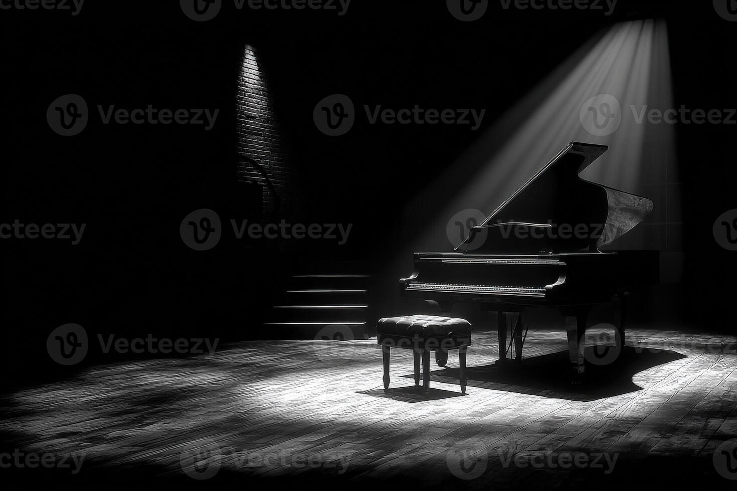 In a dimly lit space, a grand piano stands alone on a wooden stage. Soft light casts dramatic shadows, emphasizing the pianos curves and inviting a sense of solitude and reflection. photo