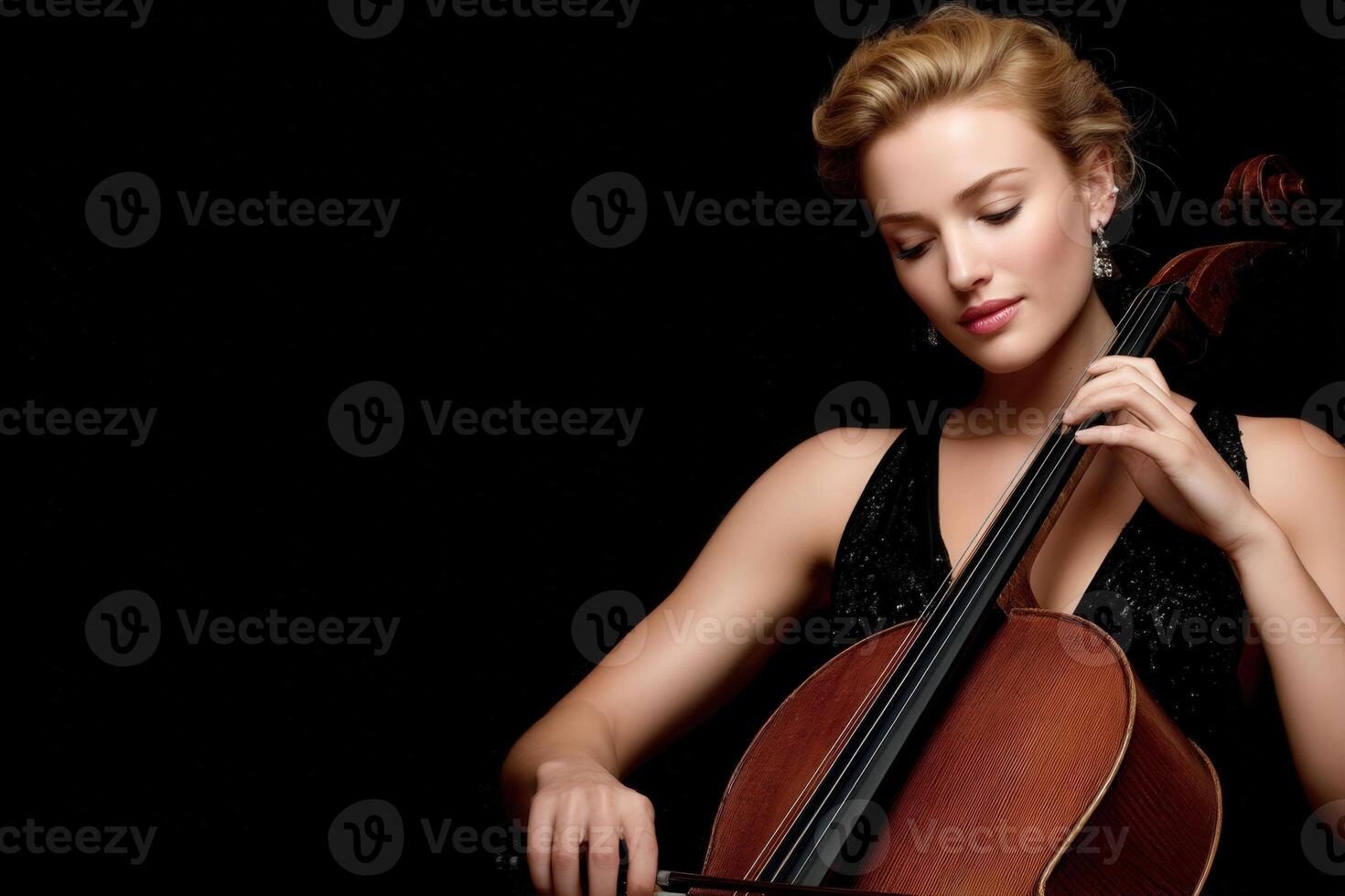 A talented musician performs on the cello, showcasing her skill and elegance while dressed in a stunning black gown. The background remains dark, highlighting her and the instrument beautifully. photo