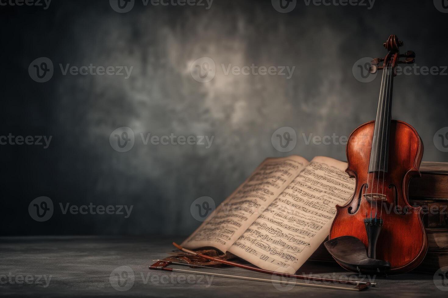 A beautiful wooden violin is placed beside an open music score, with its bow nearby. The backdrop features rich textures that enhance the artistic atmosphere, perfect for music lovers. photo