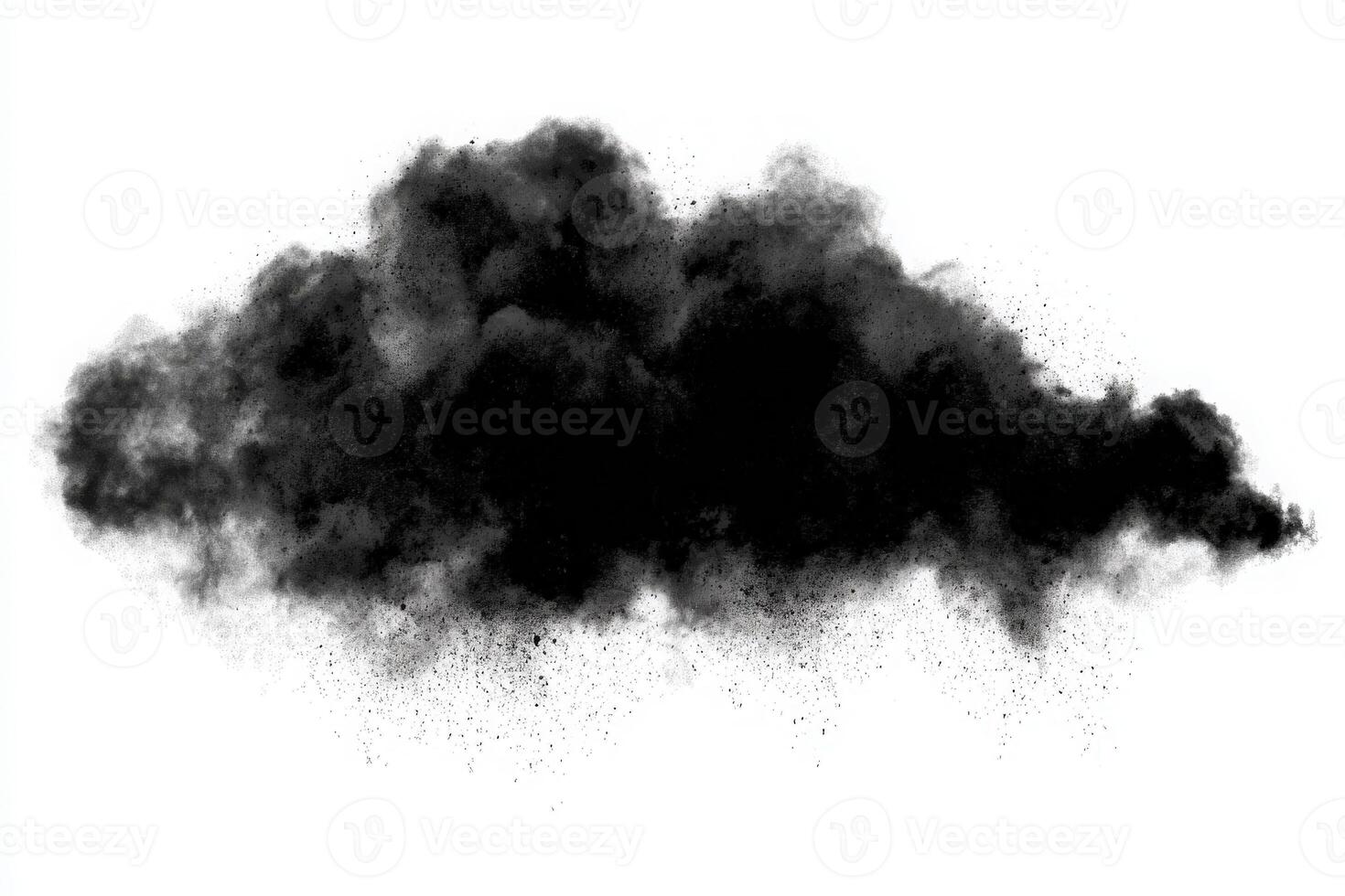 A dense black smoke cloud swirls and disperses, creating dramatic contrasts on a white background. The wispy texture varies, suggesting movement and depth, ideal for visual design. photo