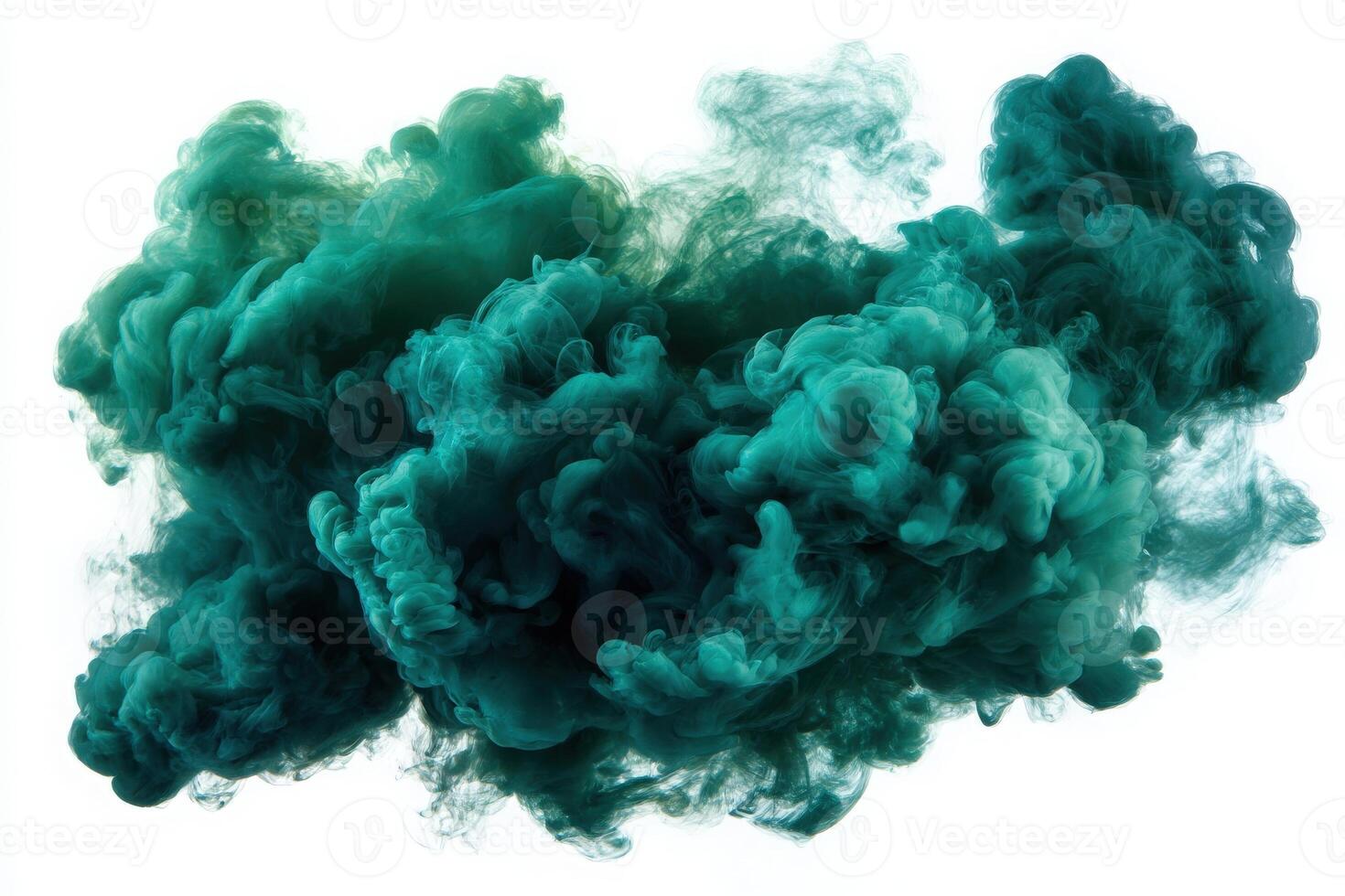Dark teal smoke billows gracefully, forming abstract shapes and patterns against a stark white background. The swirling motion creates a mesmerizing display of color and fluidity. photo