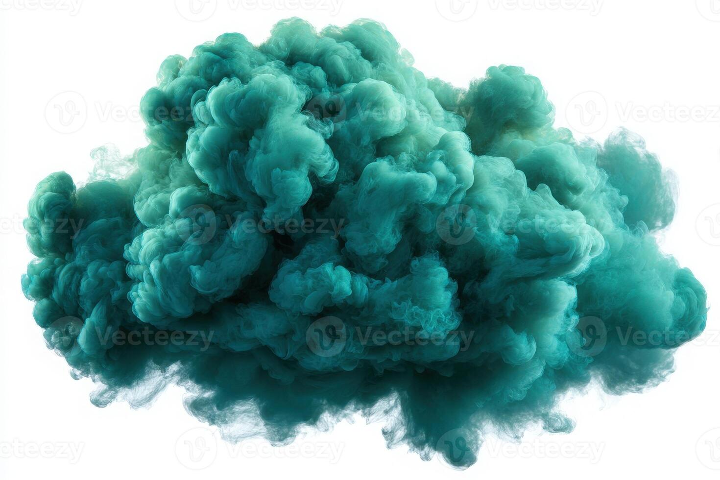 A vibrant teal-colored smoke cloud billows and swirls on a white background, creating a striking visual effect. The soft, textured appearance of the cloud enhances its artistic quality. photo