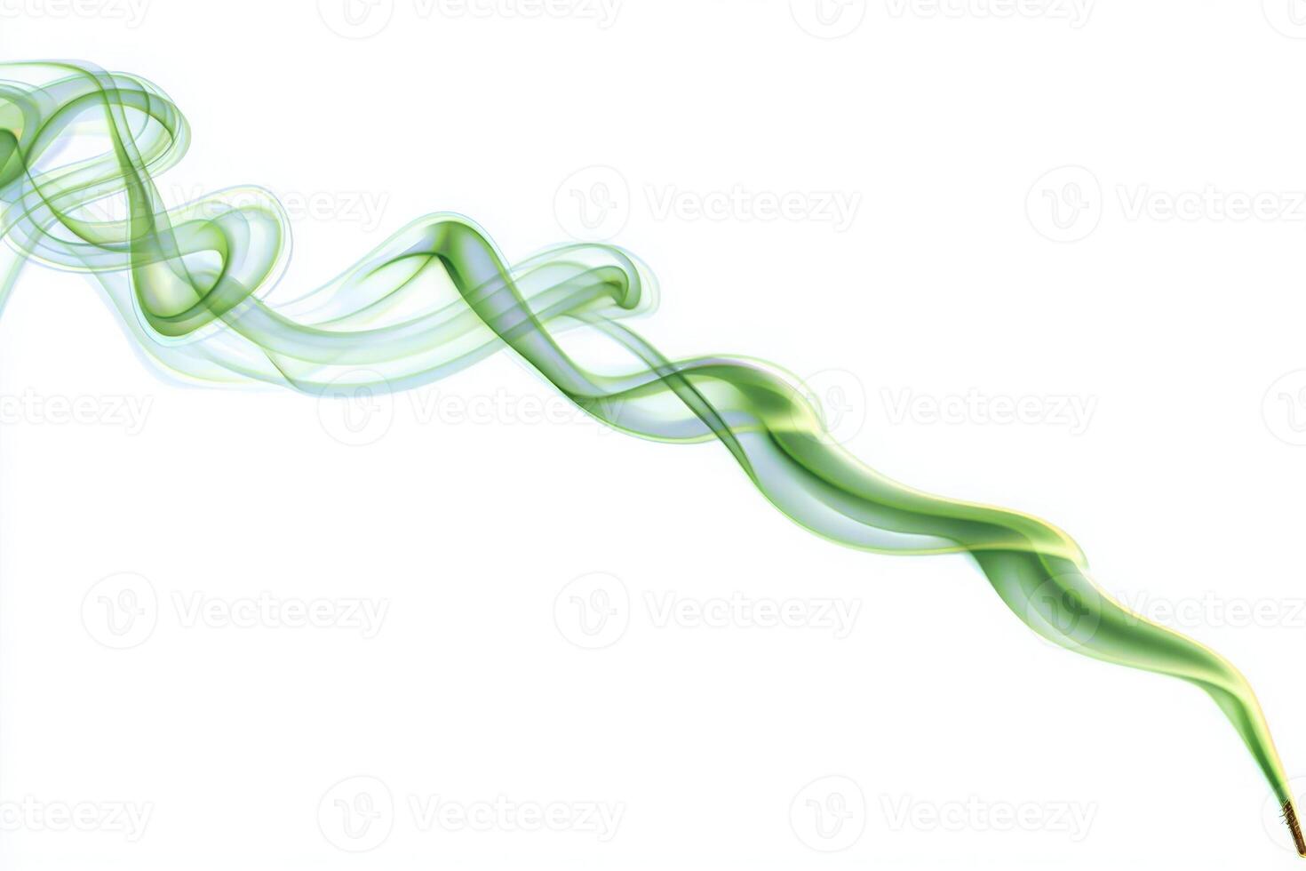 Delicate green smoke twists and turns gracefully against a bright white backdrop. The fluid motion highlights the ethereal quality of the smoke as it forms captivating shapes. photo
