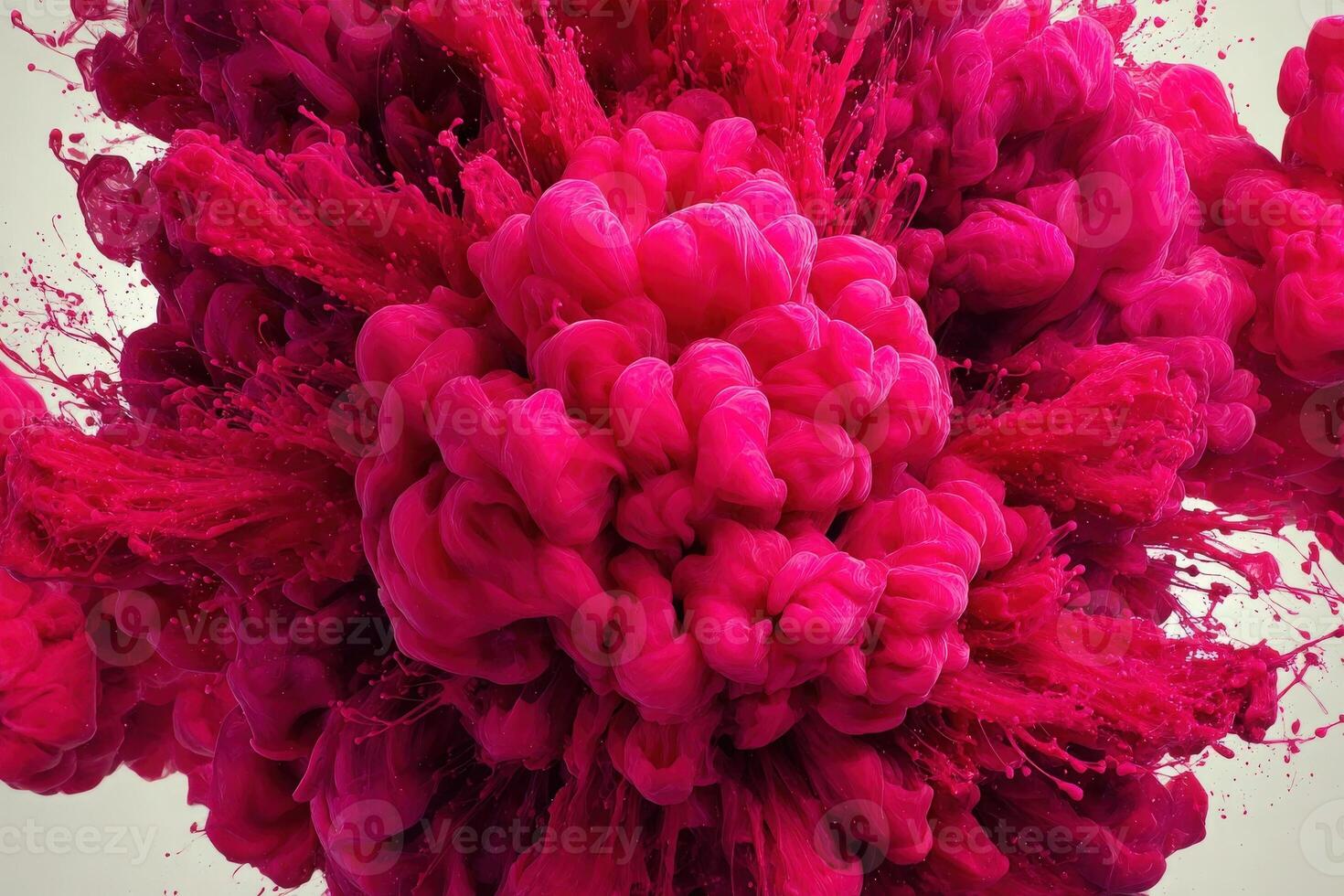 A burst of bright pink ink disperses dramatically in water, creating swirling patterns and dynamic shapes. The vibrant colors mix and flow gracefully, showcasing unique textures and intensity. photo