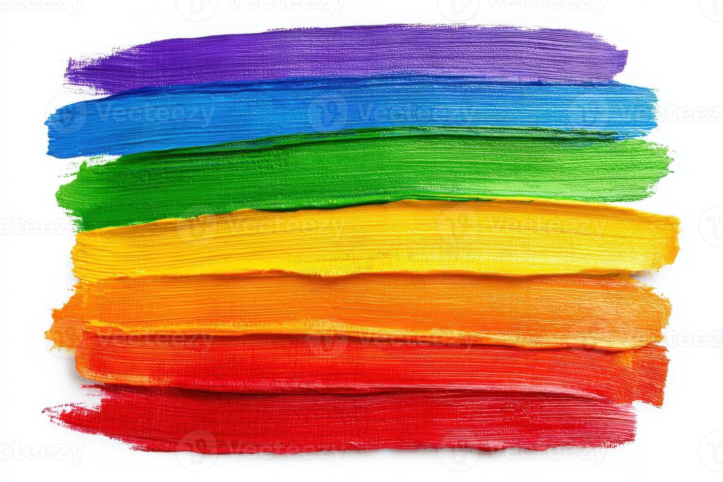 Bright stripes of paint in rainbow colors are arranged horizontally, showcasing vibrant shades of purple, blue, green, yellow, orange, and red. The rich texture adds depth to the artwork. photo