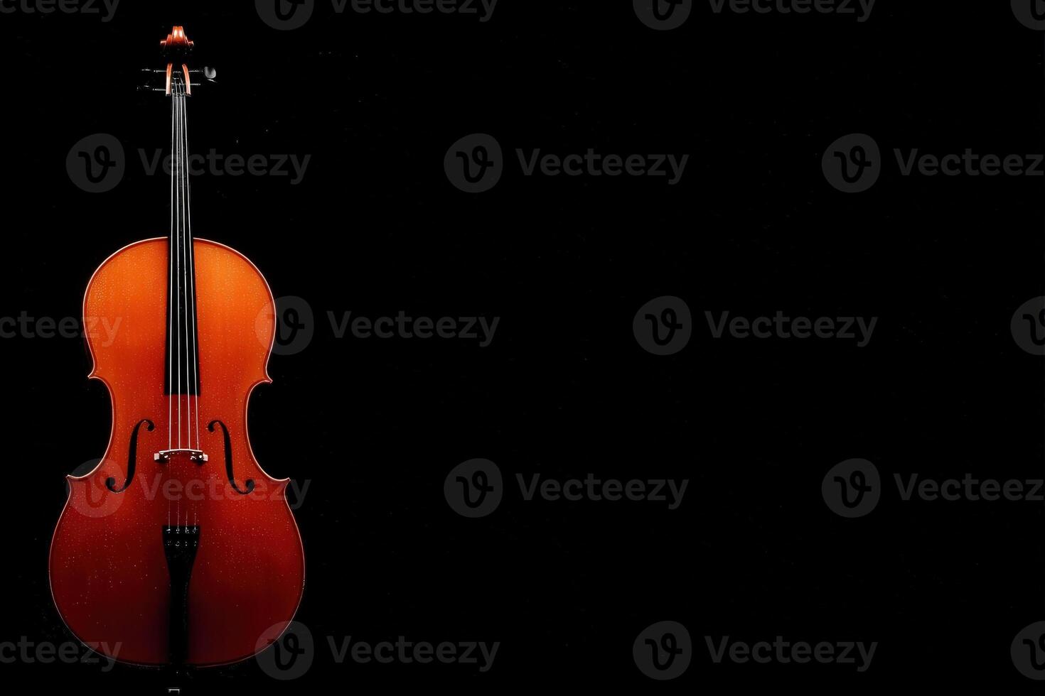 A beautifully crafted brown violin stands upright against a solid black background. The polished wood highlights the instruments curves and details, making it an eye-catching focal point. photo