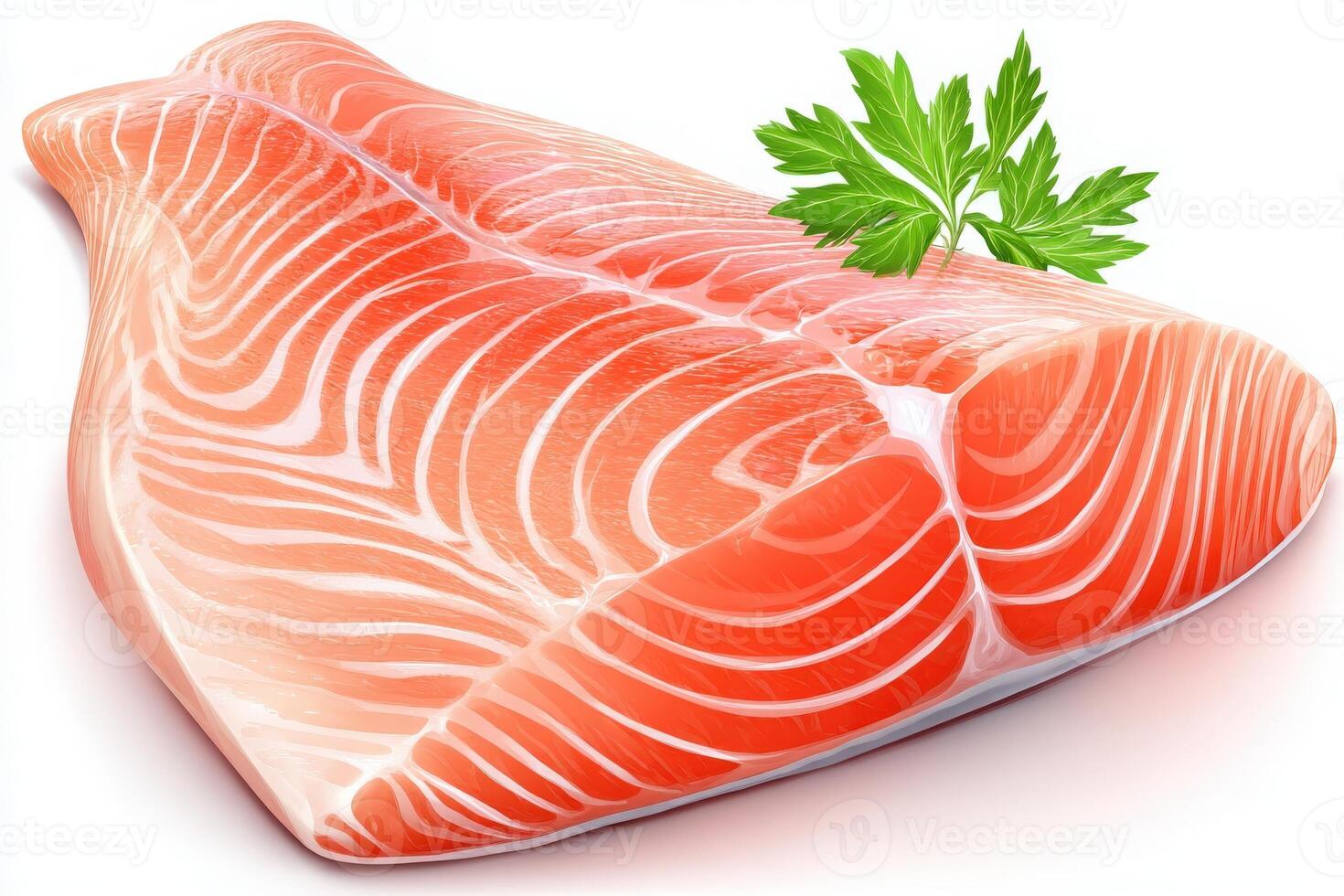 Brightly colored salmon fillet rests on a clean surface, adorned with a sprig of parsley. Its rich texture and hue make it ideal for cooking. Perfect for healthy meal prepping or gourmet dishes. photo