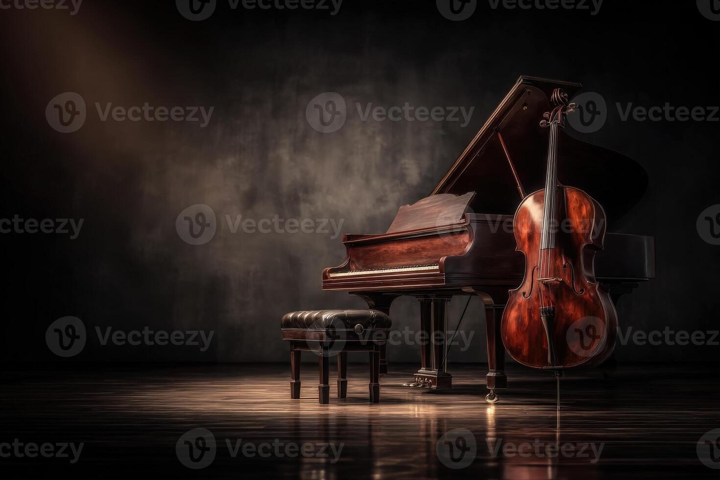 A grand piano sits beside a beautiful cello, both illuminated by a warm glow in a dimly lit space. The polished wood reflects light, creating a serene ambiance perfect for music. photo