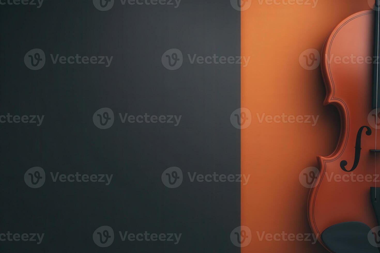 A violin is prominently displayed against a split background of deep gray and vibrant orange, emphasizing its curves and fine craftsmanship. The setting creates a striking visual contrast. photo