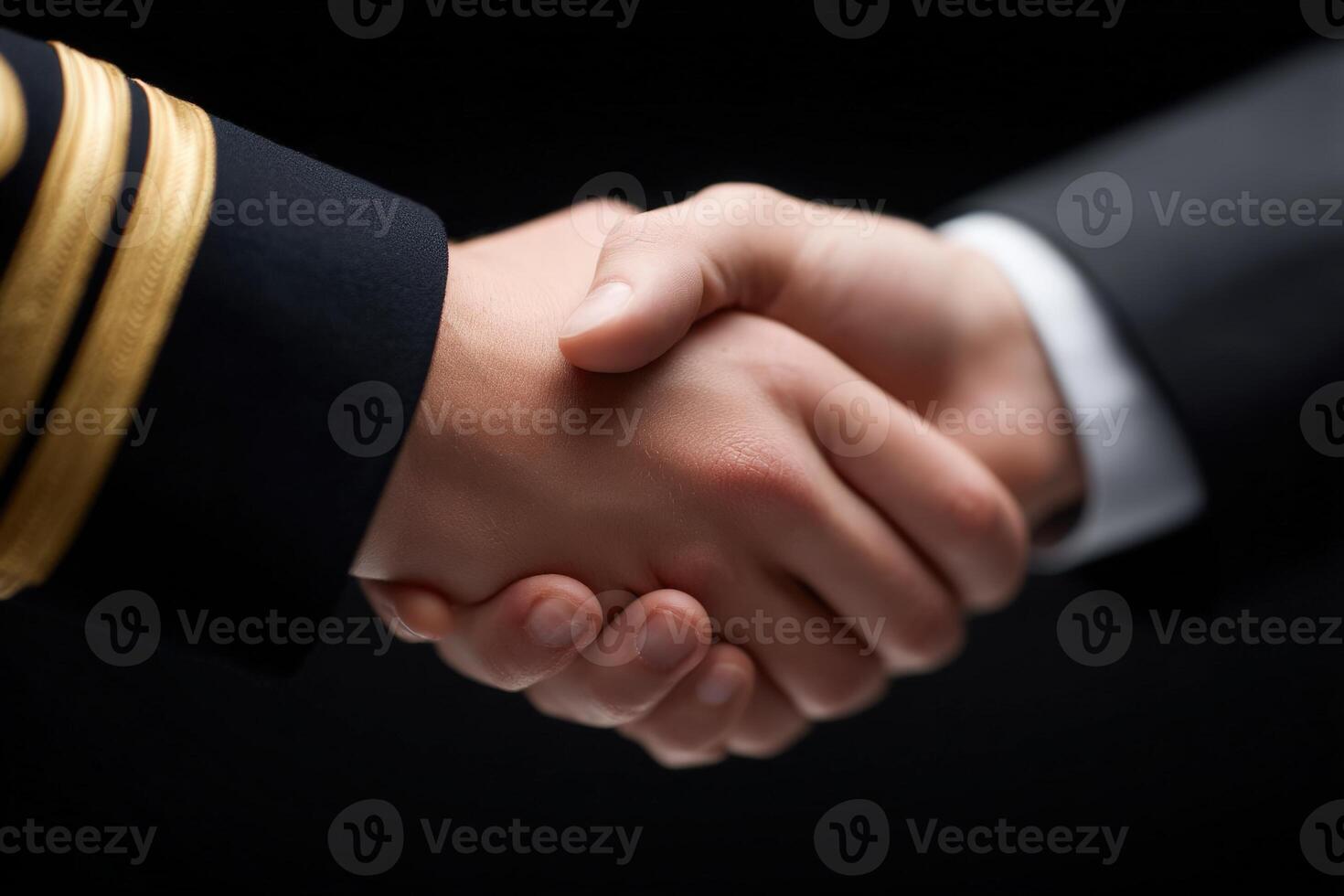 Two hands clasp in a handshake, symbolizing a partnership or agreement. One hand belongs to a person in formal attire, while the other shows a military uniform, indicating collaboration. photo