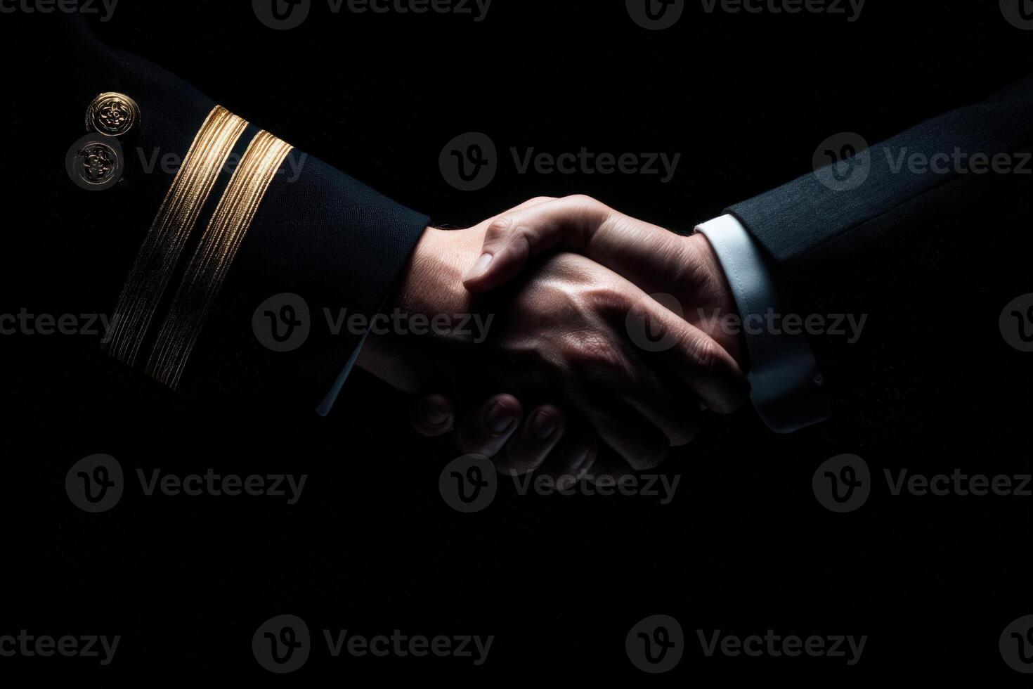 A close-up view of two hands engaged in a handshake, one adorned with a military uniform and the other in a formal suit, symbolizing unity and cooperation in a solemn atmosphere. photo