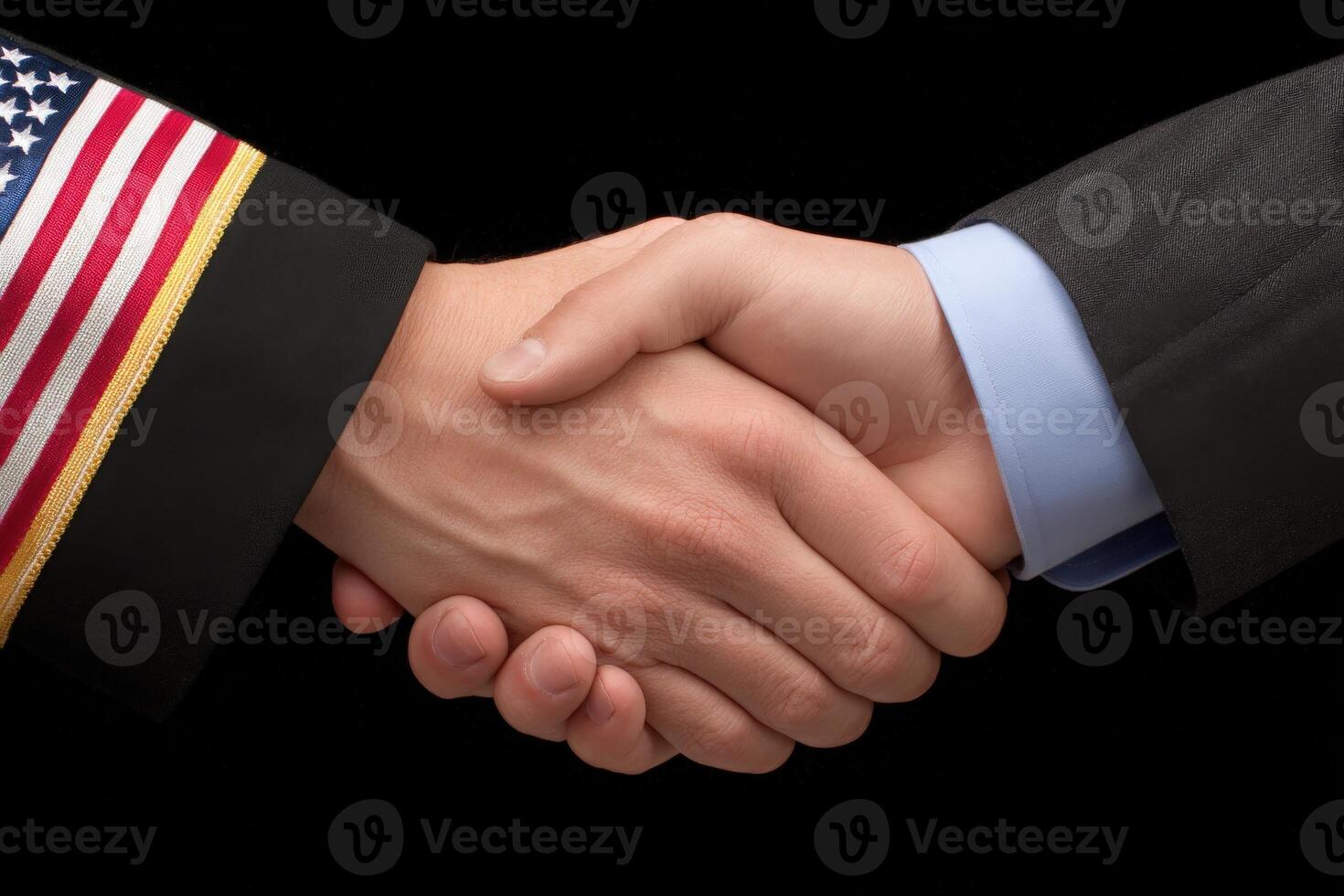 Two hands engage in a handshake, symbolizing a partnership between military service and business, reflecting mutual respect and cooperation. The setting suggests professionalism and unity. photo