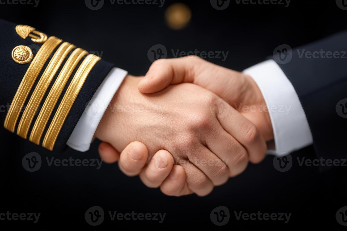 A naval officer dressed in a formal uniform, complete with gold stripes, shakes hands with another individual. photo