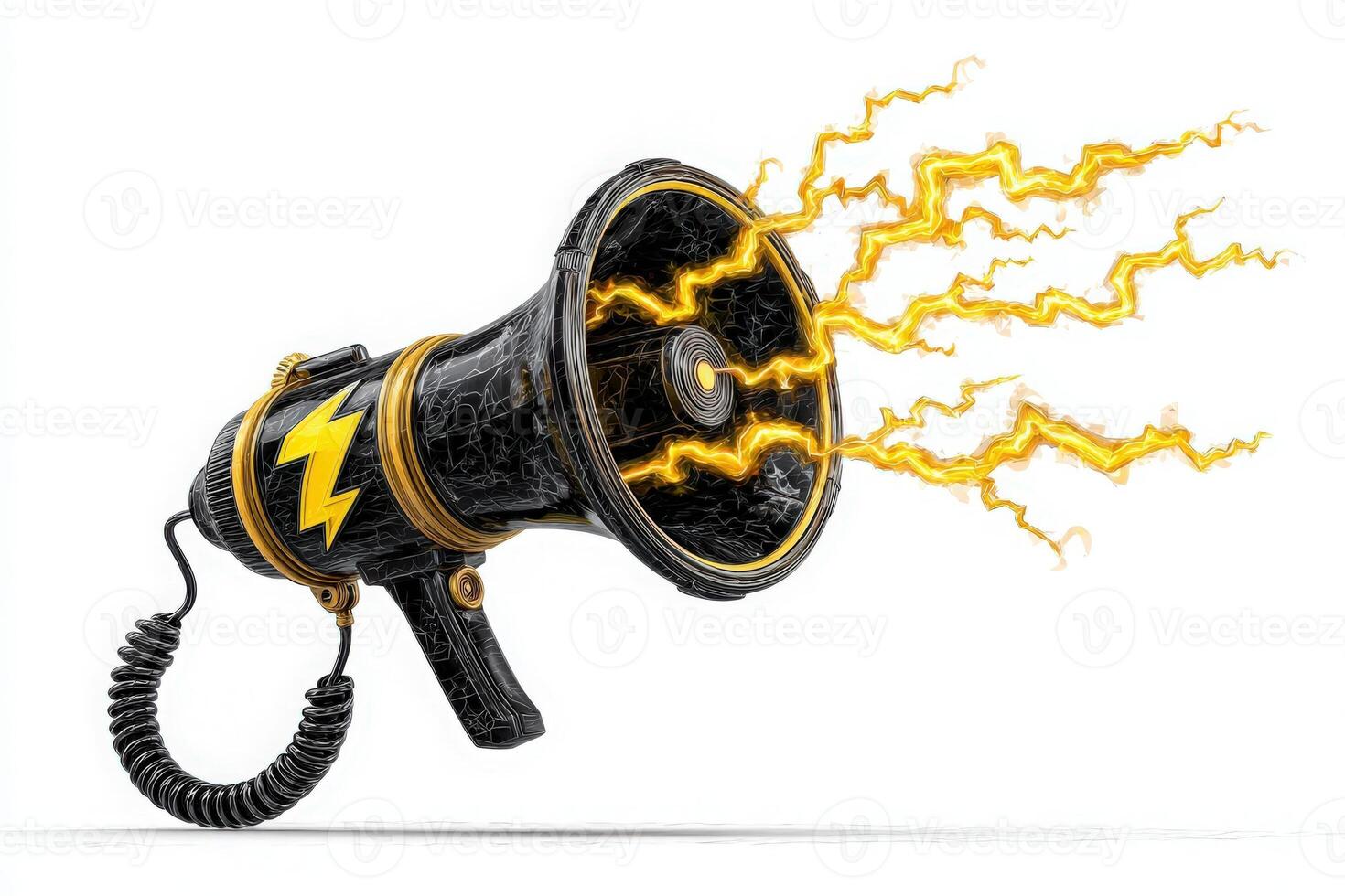 A unique megaphone features a glossy black exterior with vibrant yellow lightning designs emanating from its speaker. This artistic piece symbolizes powerful communication and energy. photo