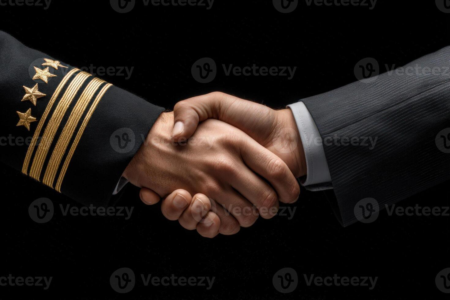 Two hands clasp in a firm handshake, one wearing a military uniform with insignia, the other in a formal suit. This moment represents unity and collaboration between different sectors. photo