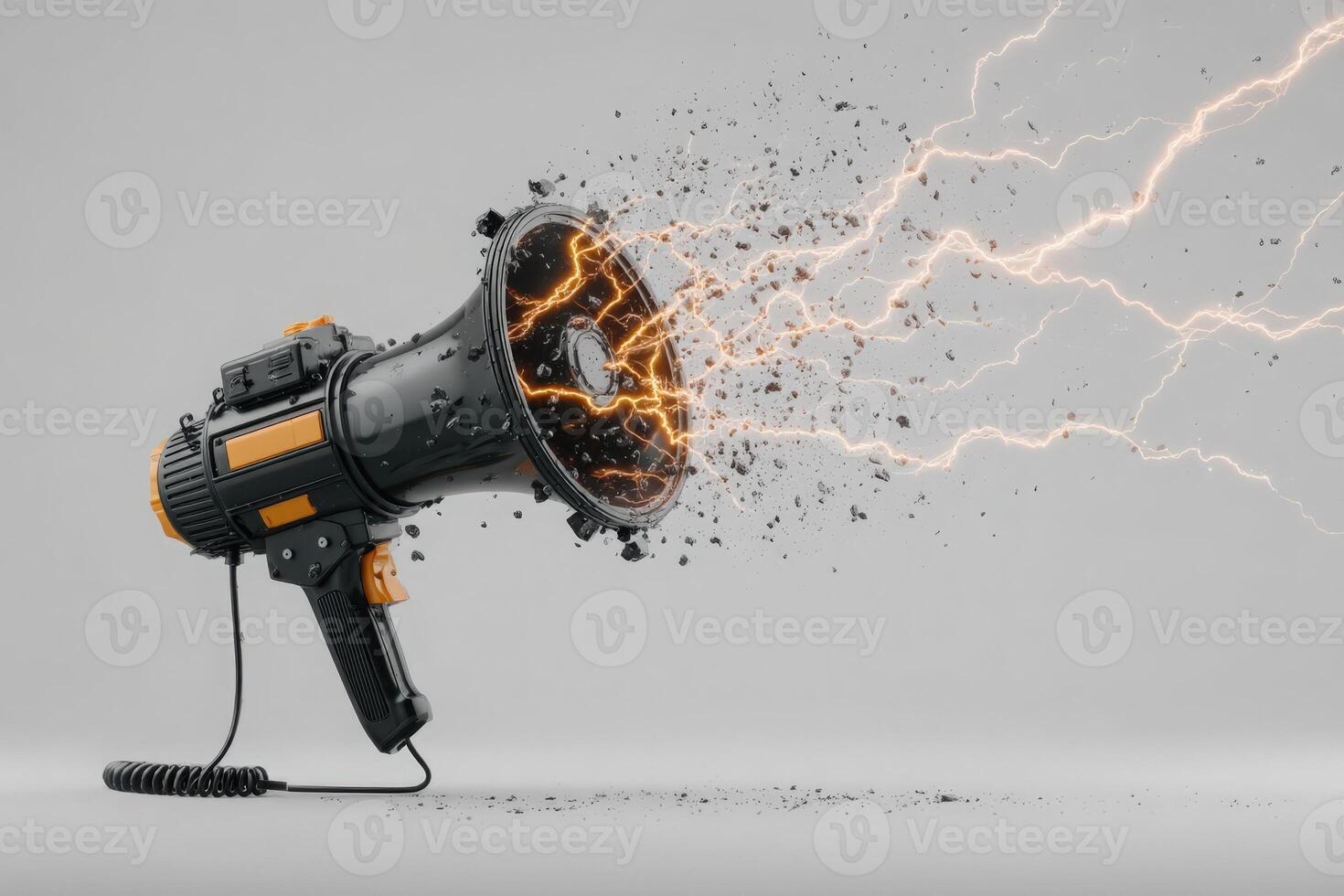 A megaphone stands prominently against a neutral background, emitting vivid lightning bolts and sound waves, creating a striking visual impact. photo
