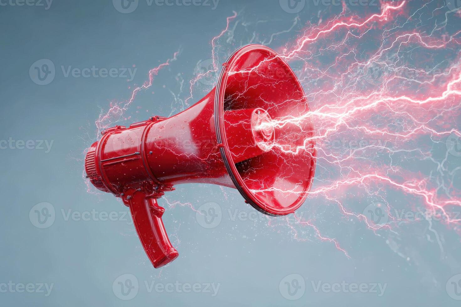 A red megaphone is shown in a striking design, producing vibrant electric energy effects. The background emphasizes the megaphones powerful presence and dynamic impact. photo
