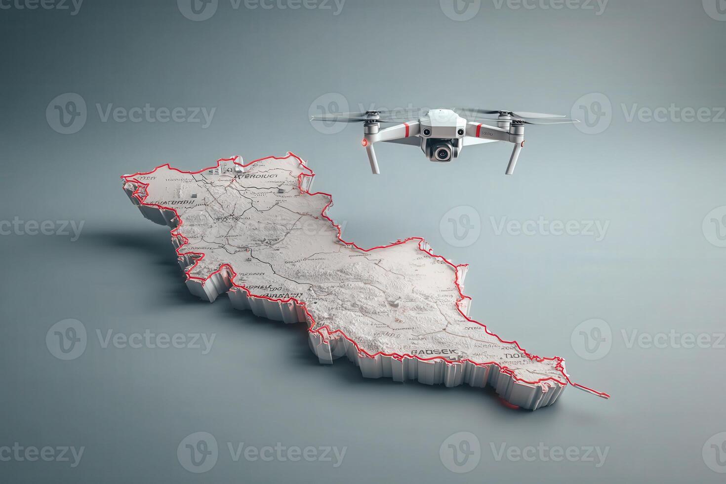 A drone hovers above a detailed 3D map shaped like a country, showcasing contours and topographical features. photo