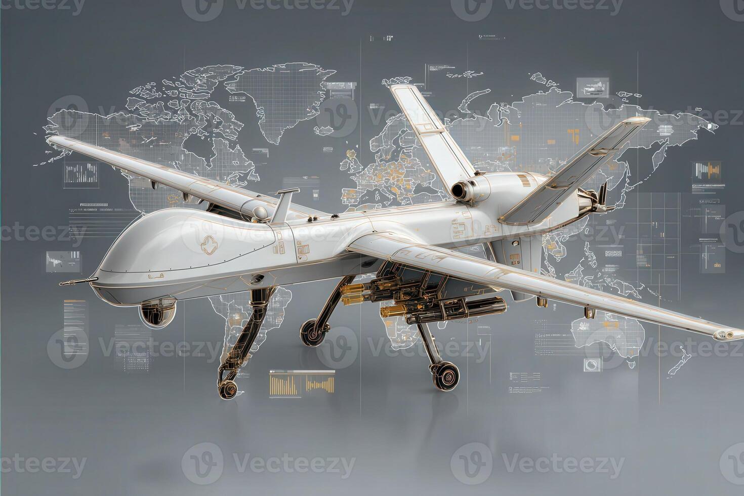 A sleek, modern drone is prominently featured against a world map background. Its intricate design highlights advanced technology, symbolizing its role in surveillance and data analysis. photo