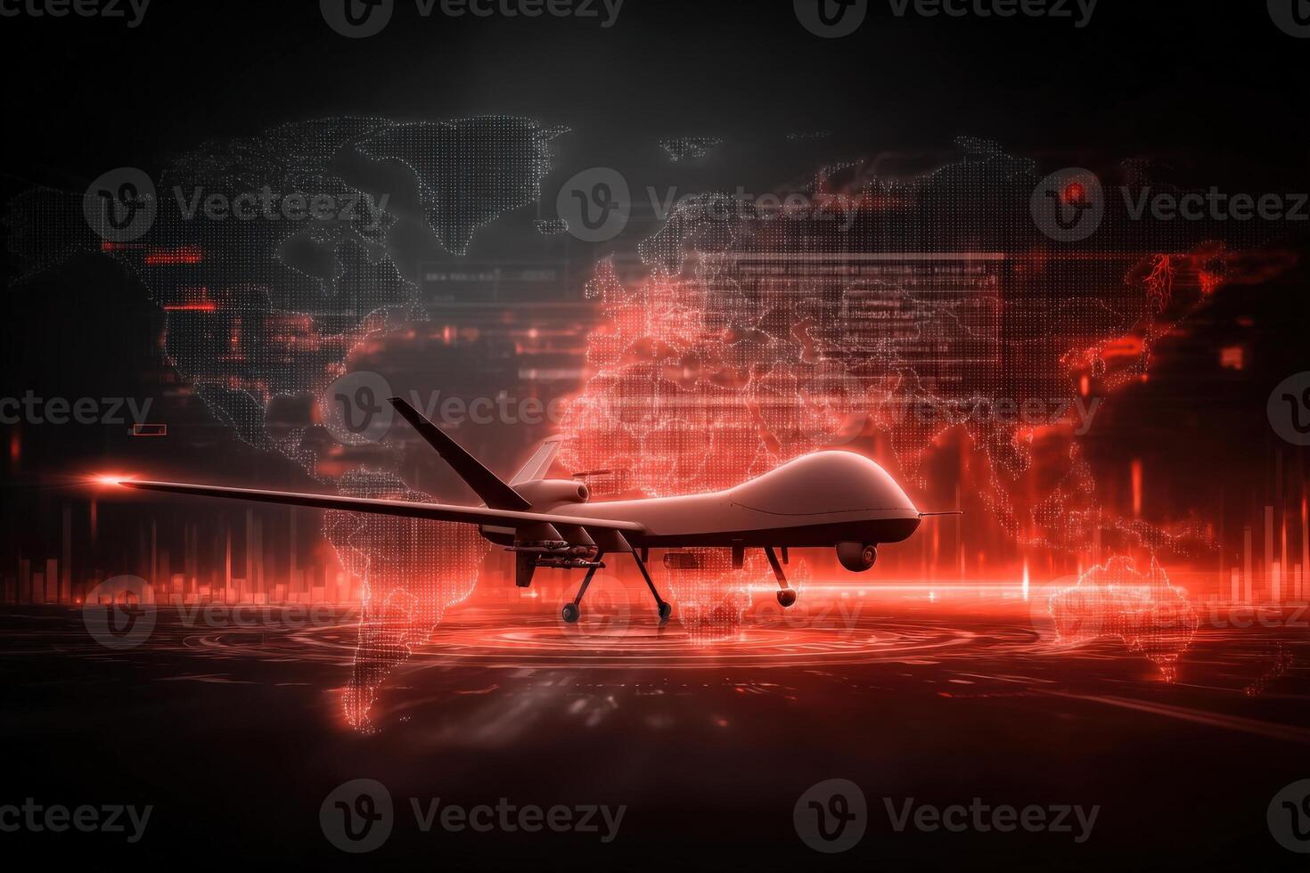 A sleek drone is showcased against a backdrop of red digital graphics representing a global network. The focus highlights innovation in aerial surveillance and technology developments. photo