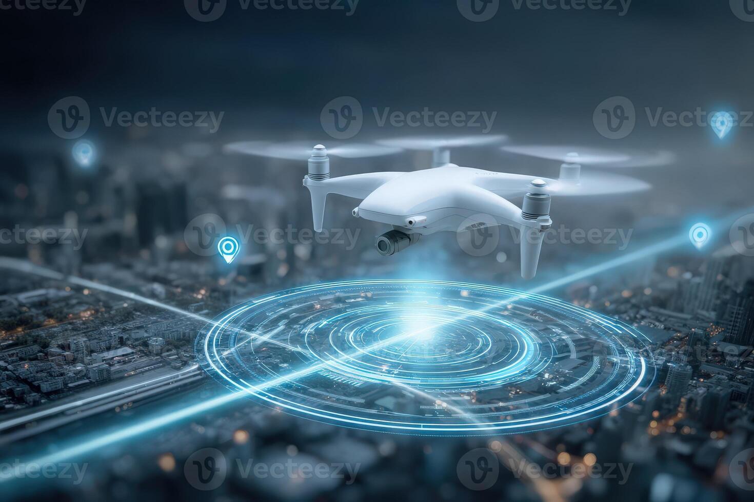 A drone hovers above a city at night, displaying digital maps and location markers. The urban landscape is illuminated, highlighting technological advancements in navigation and urban planning. photo