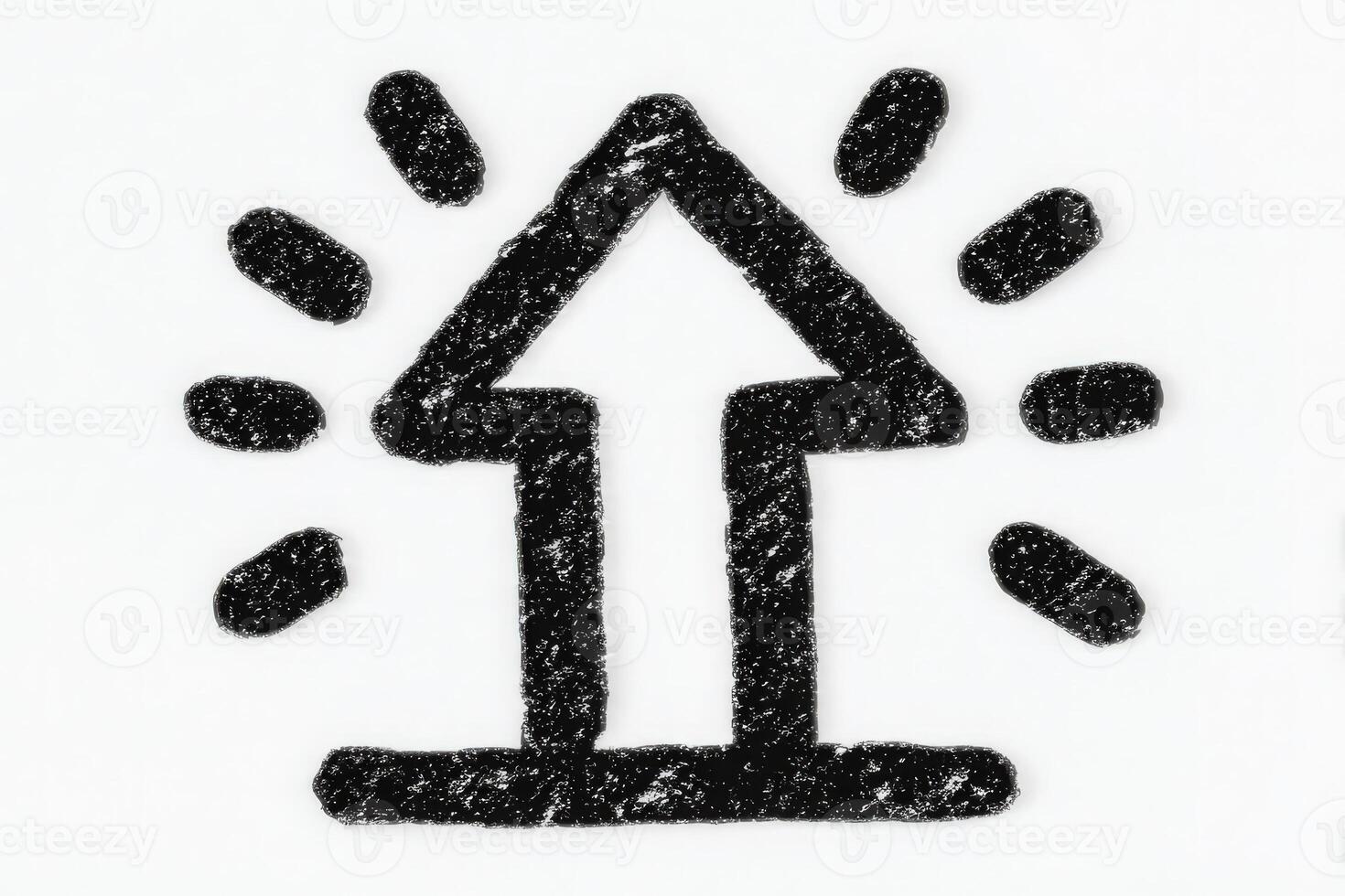 A bold upward arrow is depicted in a simple, hand-drawn style. Surrounding the arrow are small radiating lines, symbolizing energy and progress. photo