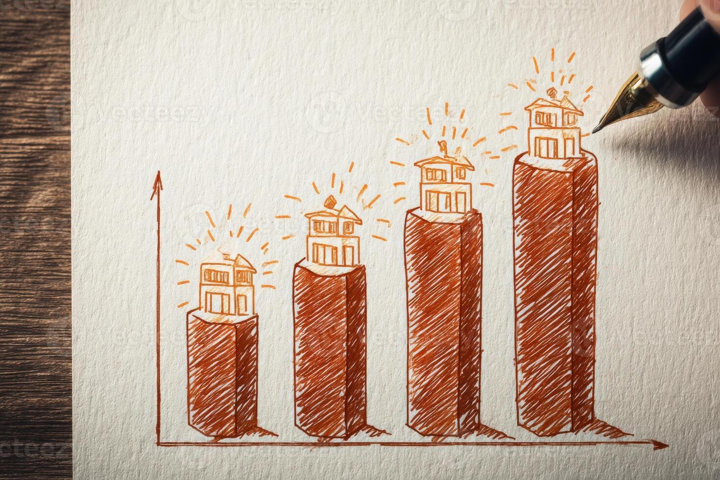 A hand-drawn graph depicts increasing housing values, with illustrated houses on top of rising bars. The chart conveys a positive trend, emphasizing growth in the real estate market. photo