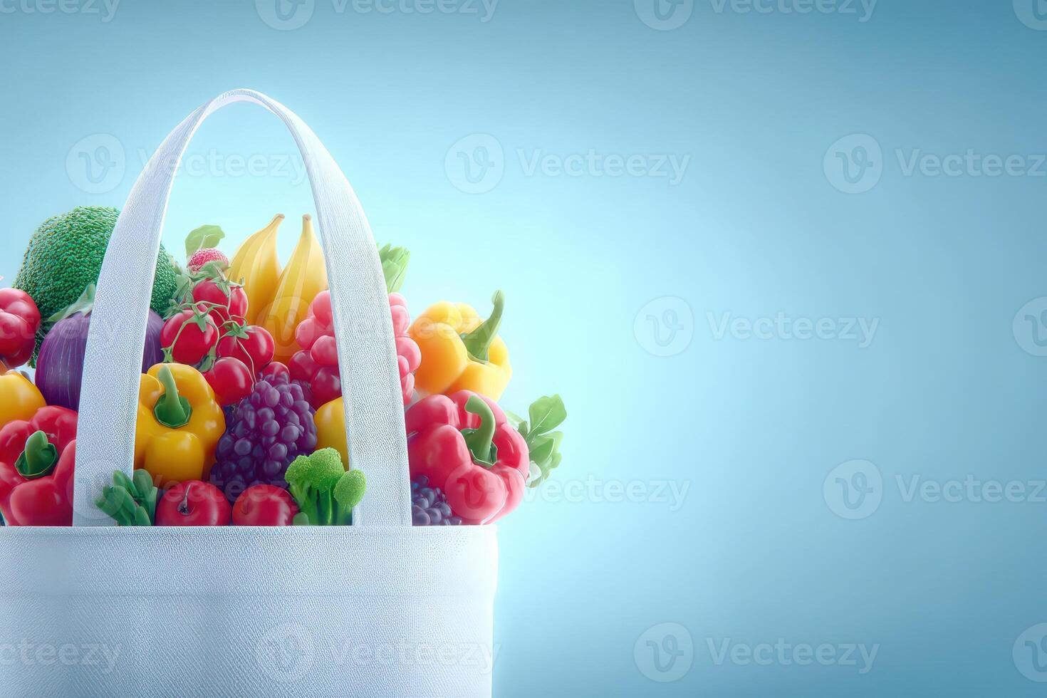A vibrant basket filled with a variety of fresh fruits and vegetables stands against a light blue backdrop. The bounty includes bananas, grapes, peppers, and broccoli, showcasing a healthy lifestyle. photo